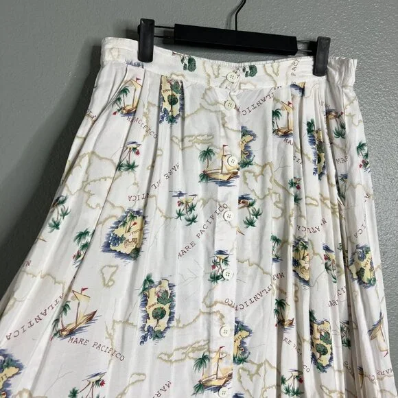 Vintage Full Button Midi Skirt Tropical Map Ocean Voyage Print w/ Pockets L - Picture 3 of 7